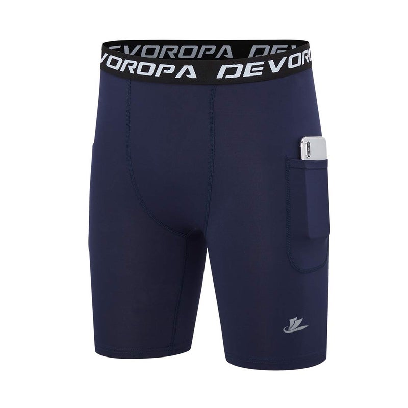 DEVOROPA Youth Boys' Compression Shorts Performance Athletic Base Layers Workout Training Underwear Side Pocket Black/Navy XL (Pack of 2) - Image 3